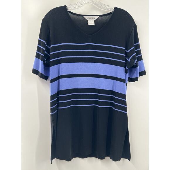 Misook Sweaters - Misook Women’s Short Sleeve V Neck Lightweight Sweater Black Purple Stripe M